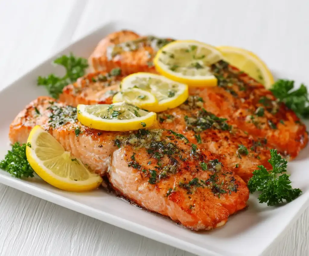 Air fryer salmon topped with lemon and parsley on serving plate