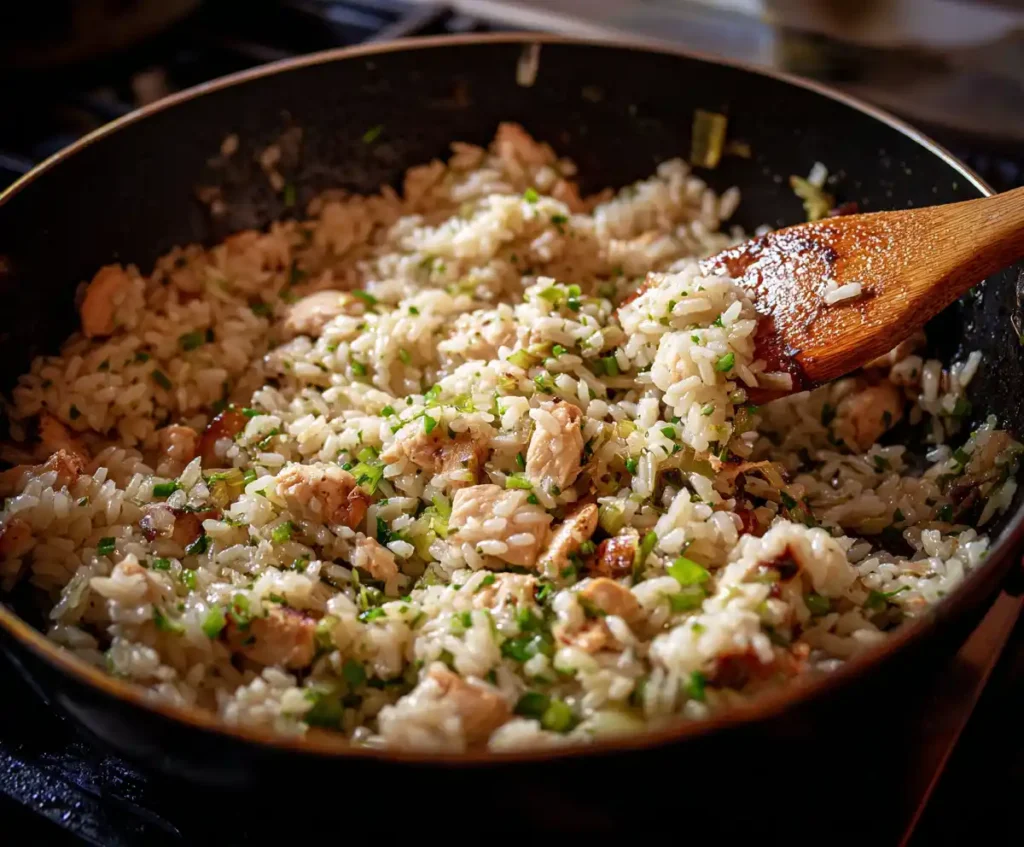 Arborio rice toasting in pressure cooker with chicken and onions