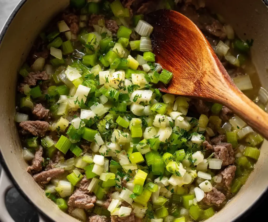 Aromatics sautéing with beef in pressure cooker