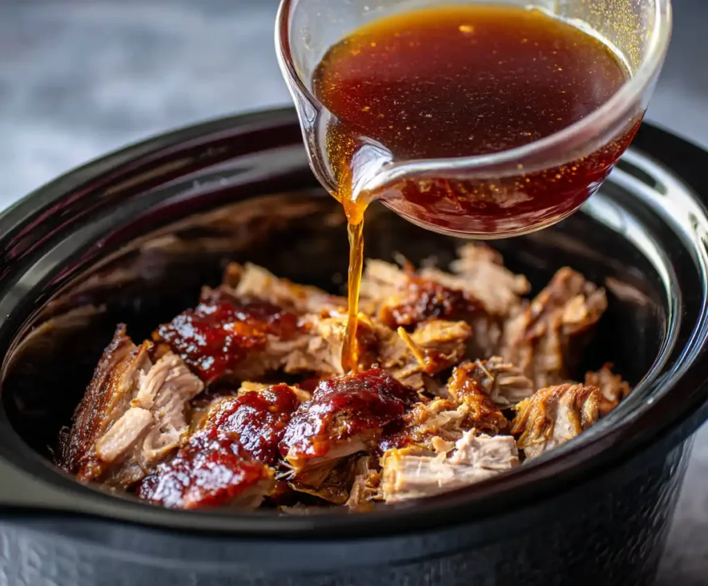 BBQ sauce mixture poured over pork shoulder in slow cooker