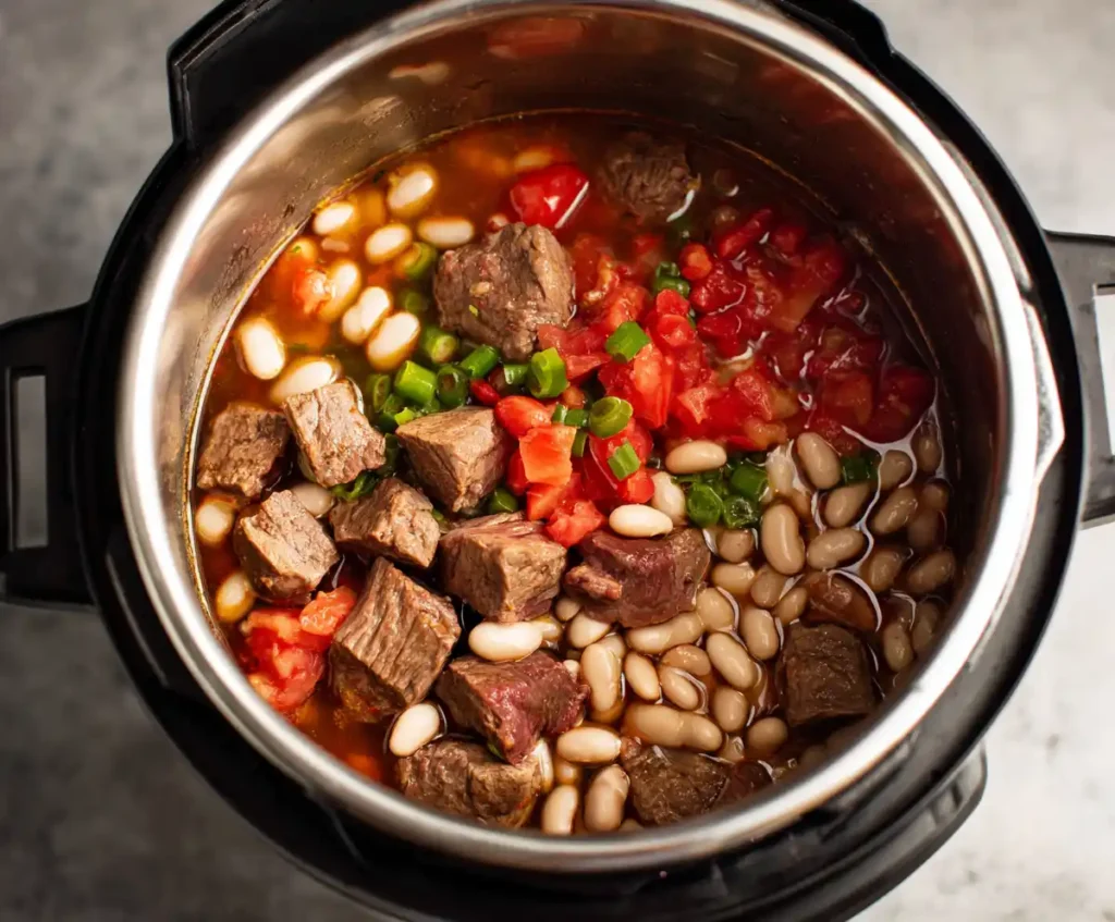 Beans, tomatoes, and broth stirred into Instant Pot for chili