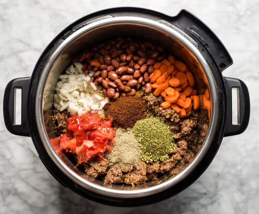 Beans, veggies, and spices added to beef in pressure cooker for chili