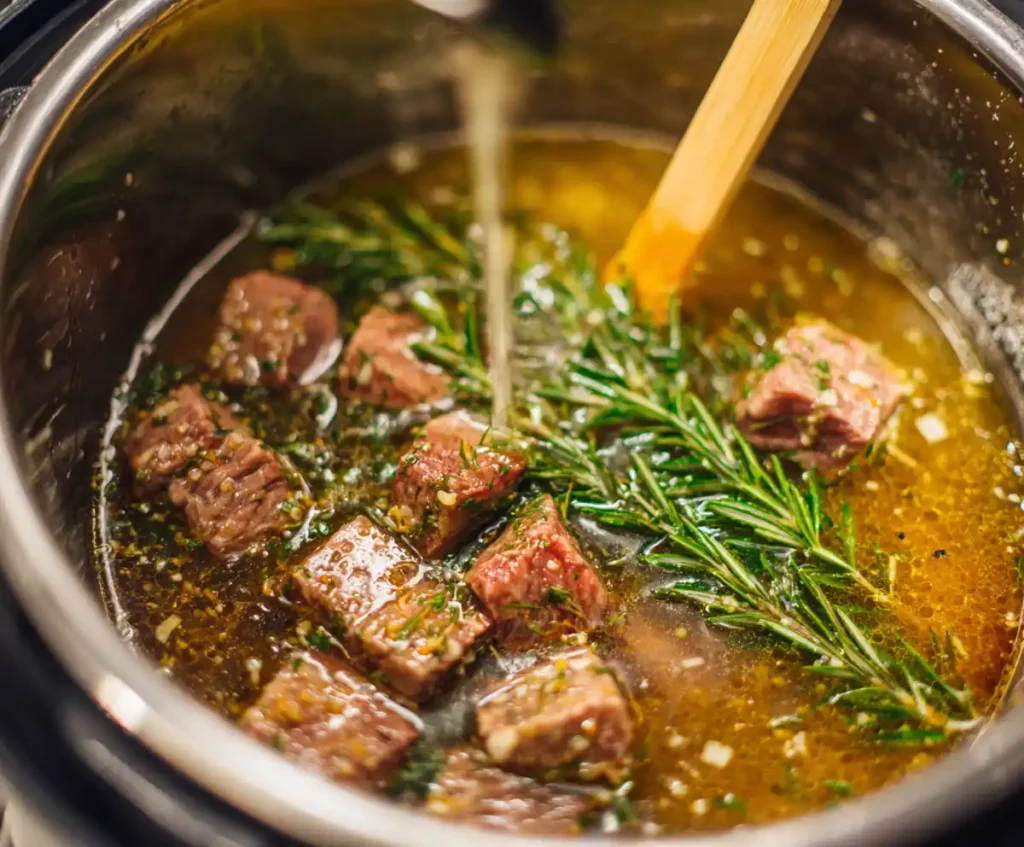 Beef broth and herbs added to Instant Pot with beef