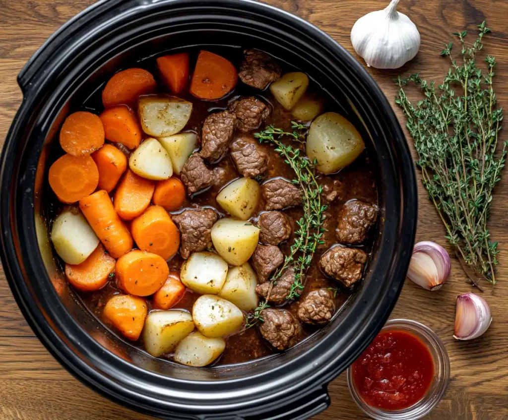 Beef, carrots, and potatoes layered in slow cooker before cooking