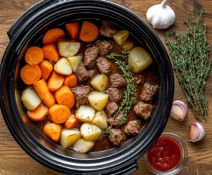 Beef, carrots, and potatoes layered in slow cooker before cooking