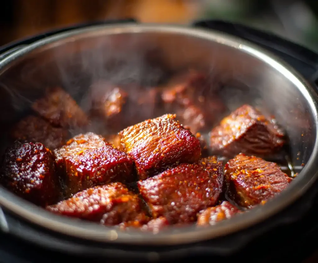 Beef chunks searing in pressure cooker for stew