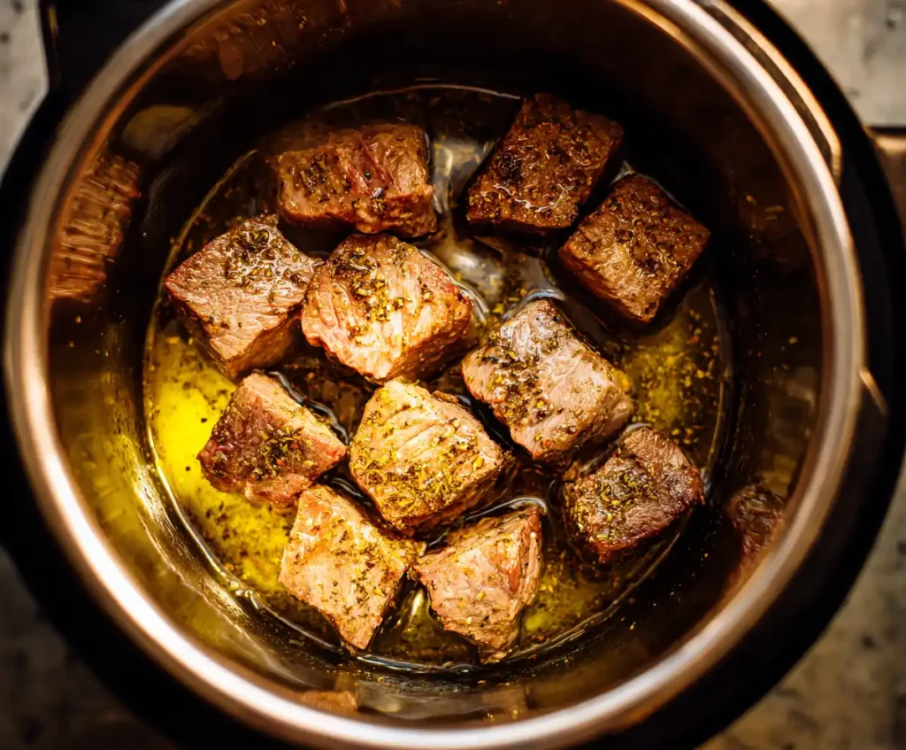 Beef cubes browning in Instant Pot for beef stew