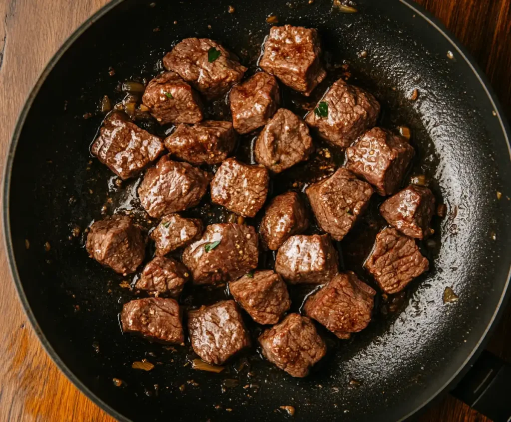 Beef cubes browning in skillet for slow cooker beef stew