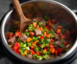 Bell peppers added to Instant Pot beef mixture for chili