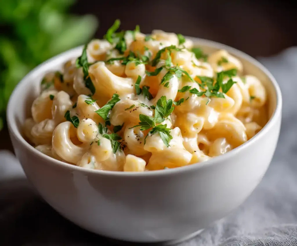 Bowl of creamy Instant Pot mac and cheese garnished with parsley