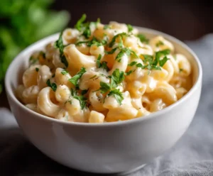 Bowl of creamy Instant Pot mac and cheese garnished with parsley
