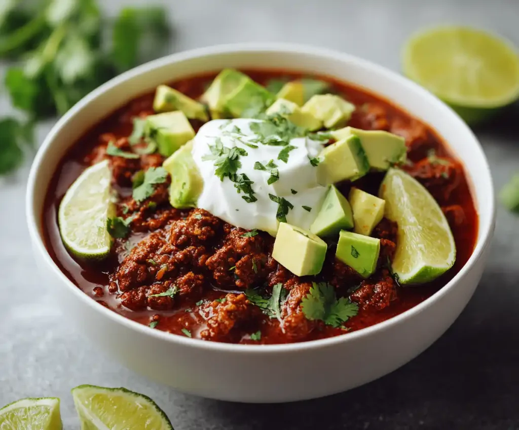 Bowl of finished chili topped with sour cream, avocado cubes, cilantro, and lime wedges, bright kitchen
