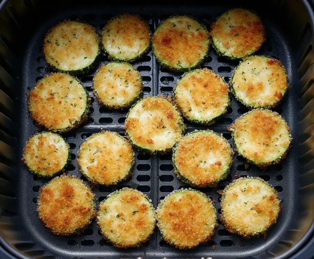 Breaded zucchini slices placed in air fryer basket