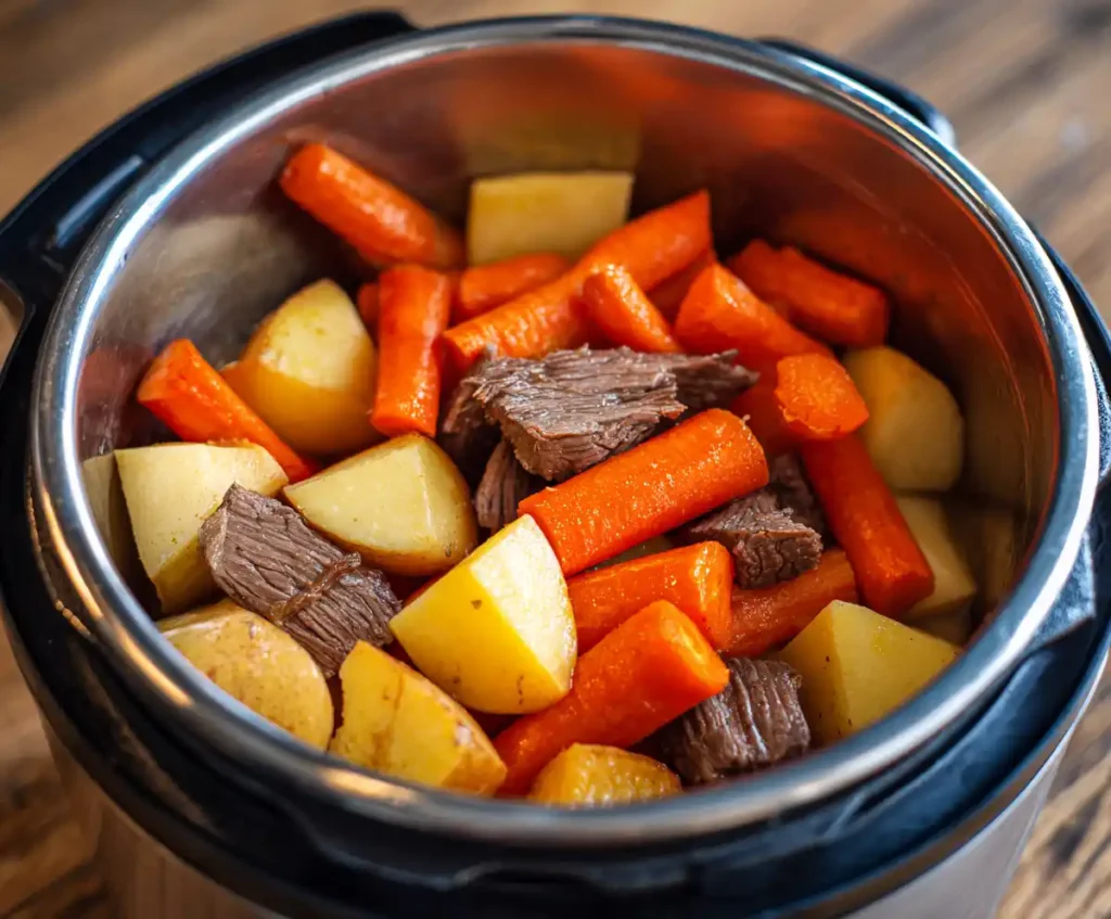 Carrots and potatoes added to Instant Pot beef stew