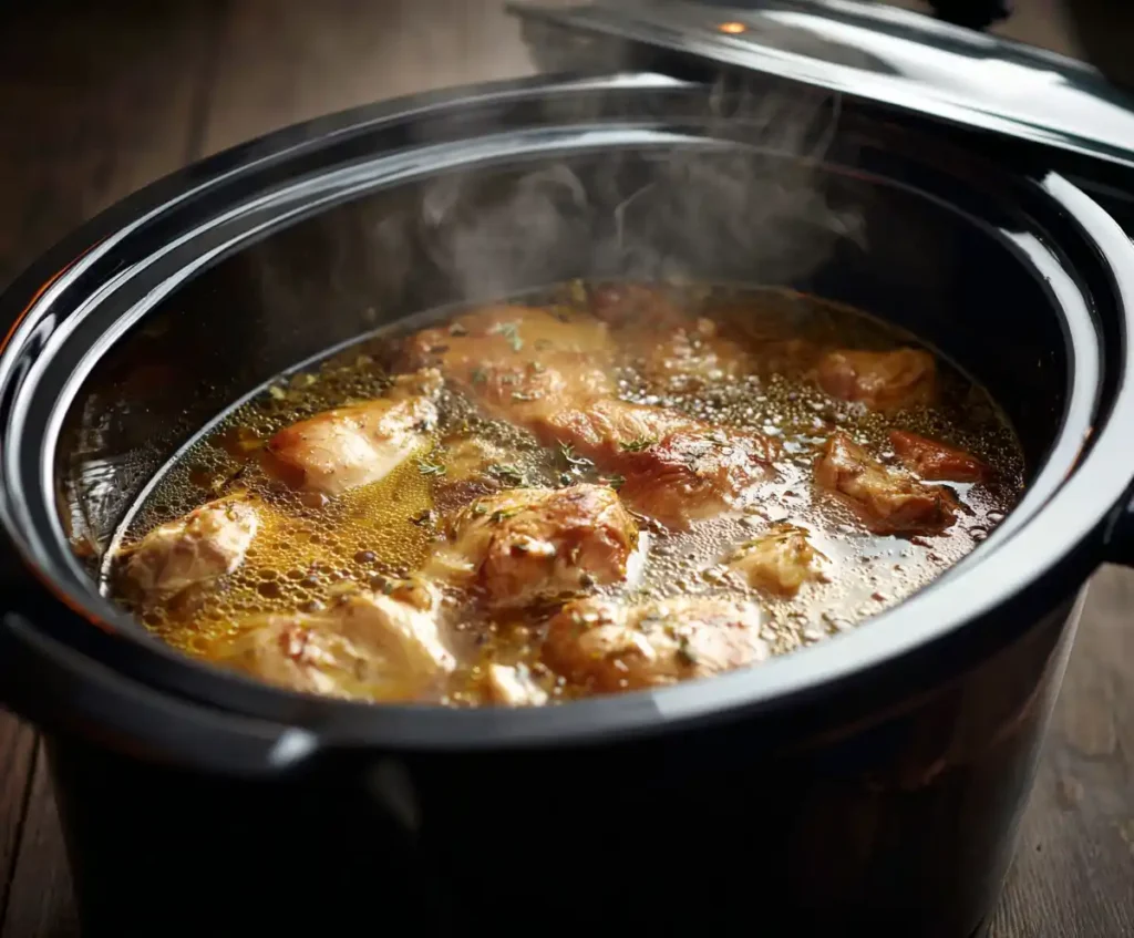 Chicken and vegetables simmering in slow cooker broth
