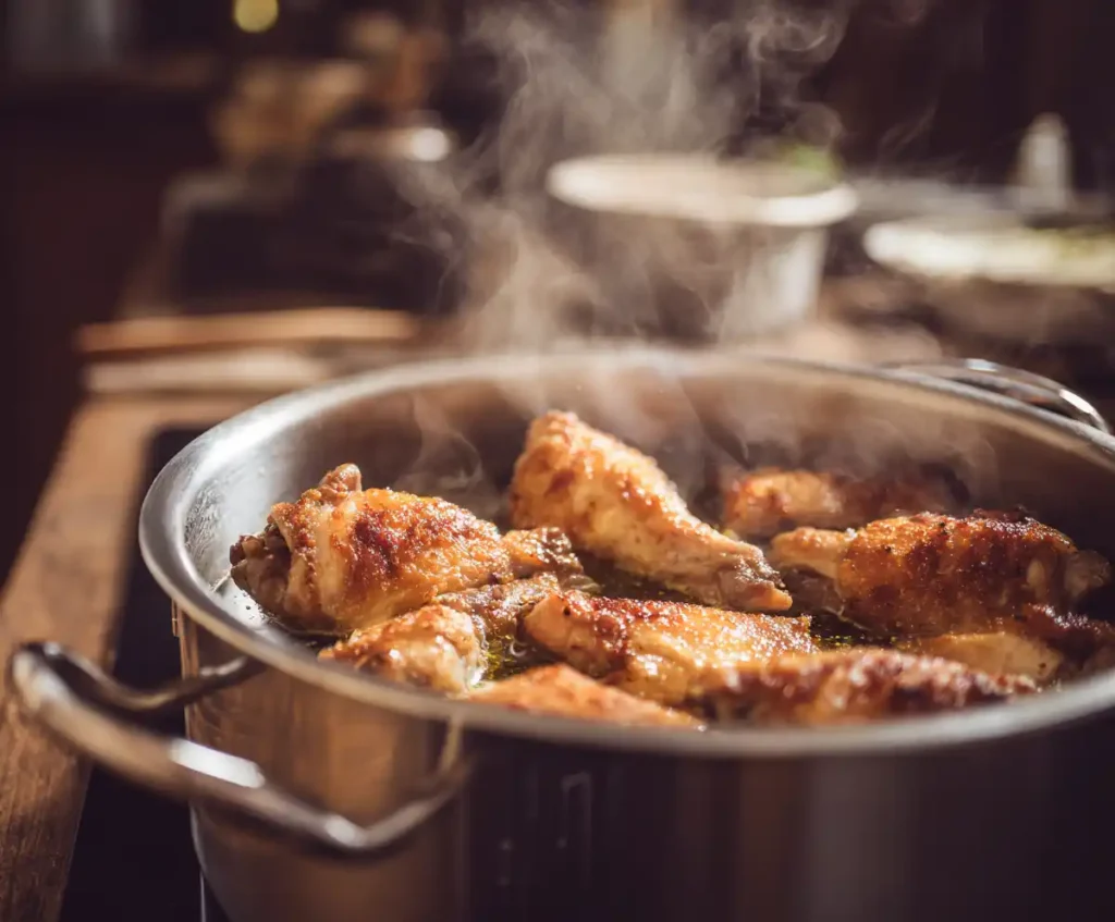 Chicken pieces browning in pressure cooker for risotto