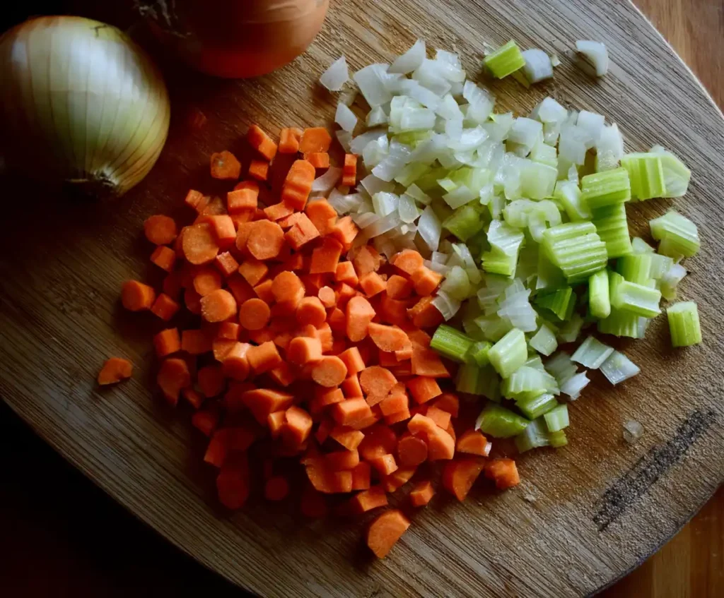 Chopped carrots, celery, and onion ready for slow cooker chicken noodle soup