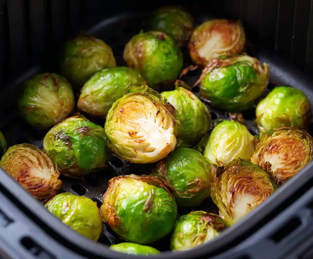 Close-up of Brussels sprouts halfway cooked in air fryer, starting to brown on edges