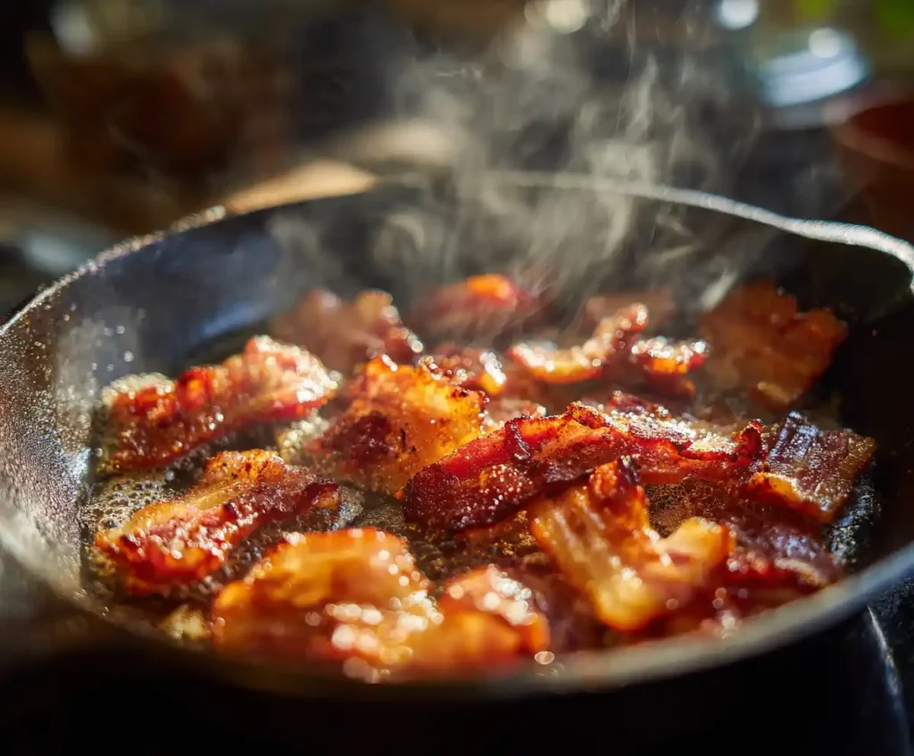 Cooking pancetta in skillet for classic spaghetti carbonara recipe