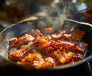 Cooking pancetta in skillet for classic spaghetti carbonara recipe
