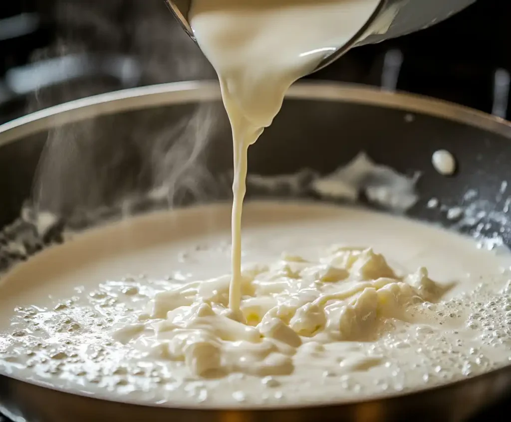Cream and milk added to garlic butter base for Alfredo pasta sauce