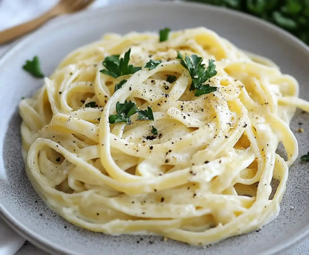 Creamy Alfredo pasta served with parsley garnish