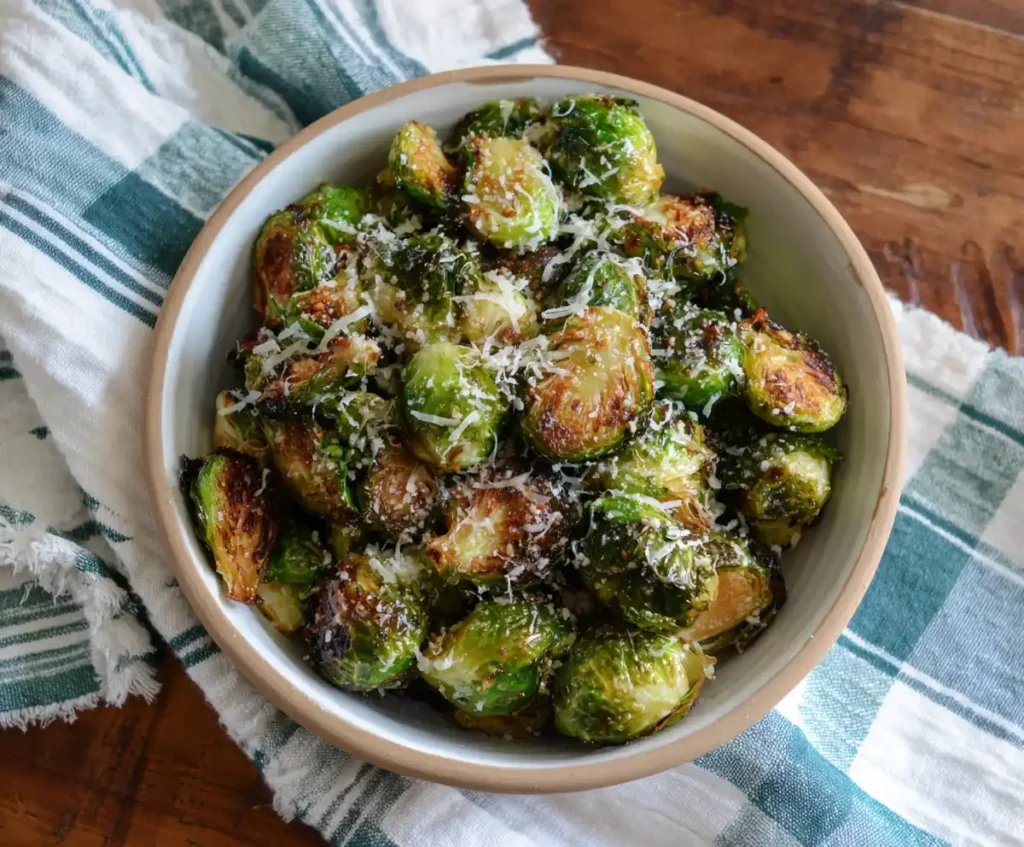 Crispy air fryer Brussels sprouts topped with Parmesan in serving bowl