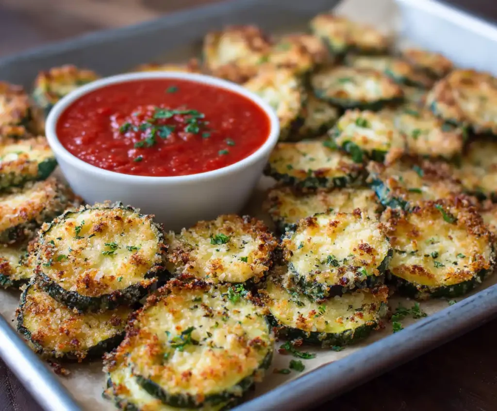 Crispy air fryer zucchini chips served with marinara dip