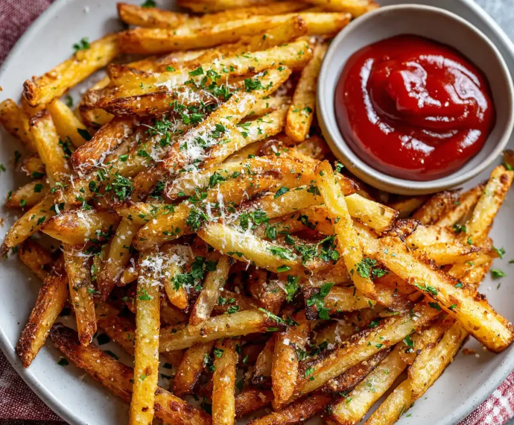 Crispy golden air fryer french fries served with ketchup and parsley garnish