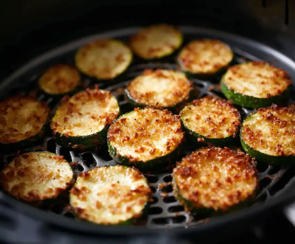Crispy zucchini chips cooking in air fryer