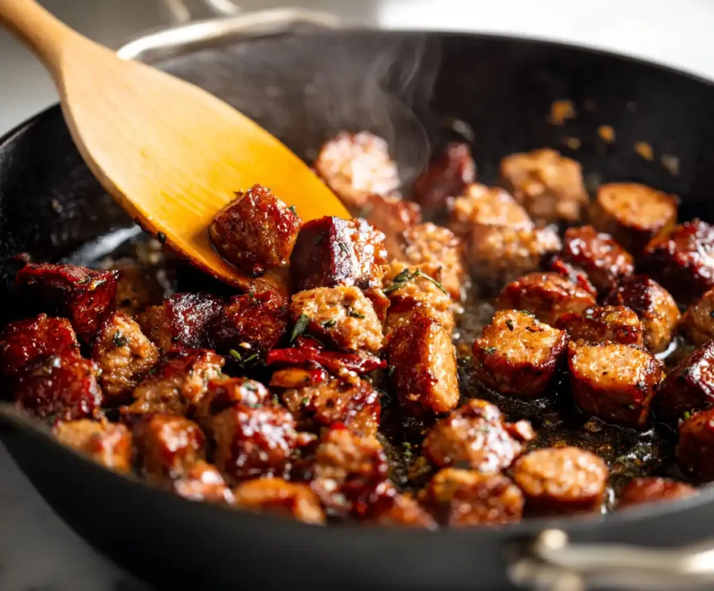 Crumbled Italian sausage browning in skillet for baked ziti recipe