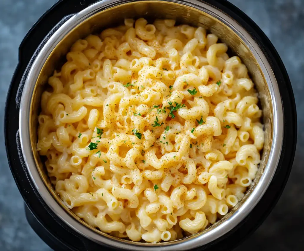 Dry macaroni with broth and butter inside Instant Pot before cooking mac and cheese