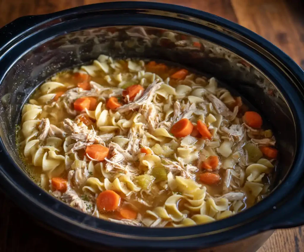 Egg noodles added to broth for chicken noodle soup in slow cooker