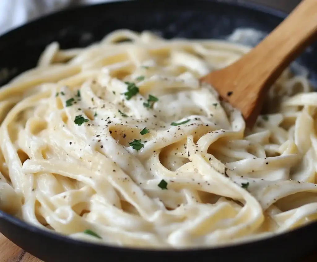 Fettuccine coated in creamy Alfredo sauce in skilletpng
