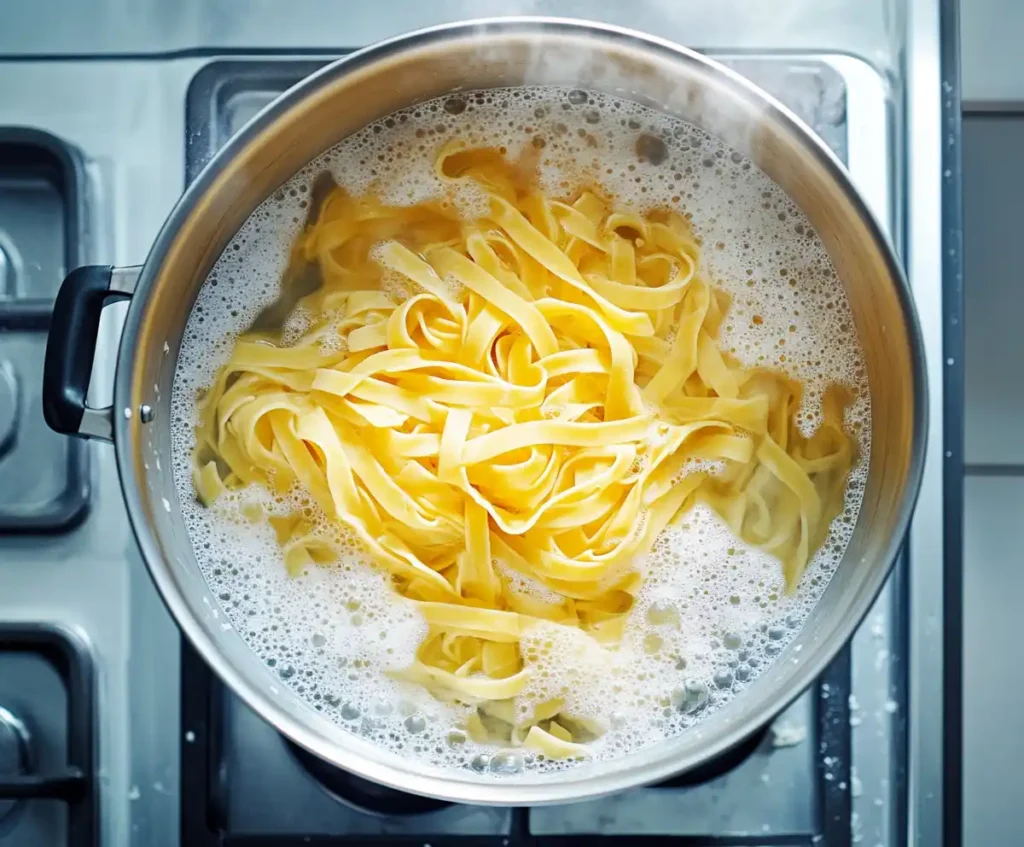 Fettuccine pasta cooking in boiling salted water for creamy Alfredo pasta