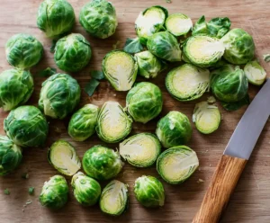 Fresh Brussels sprouts trimmed and halved on cutting board for air fryer recipe