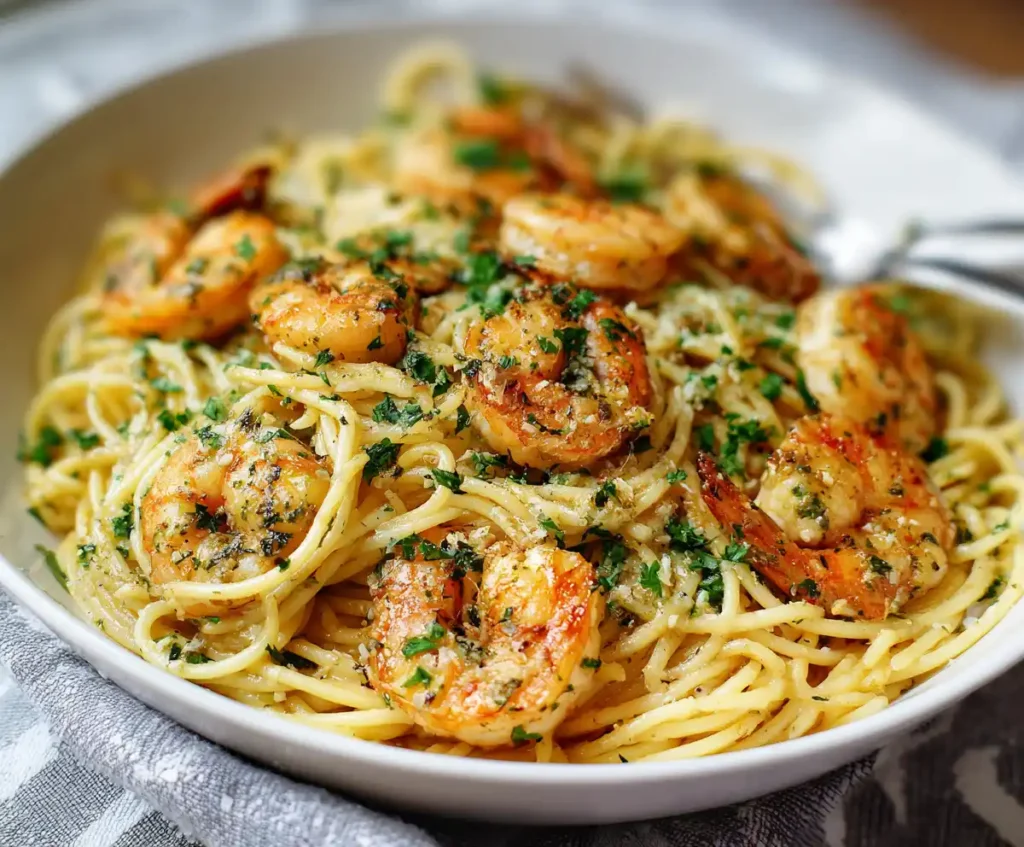 Garlic butter shrimp pasta served with parsley garnish