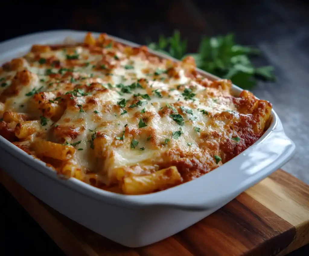 Golden bubbly baked ziti with sausage fresh from the oven