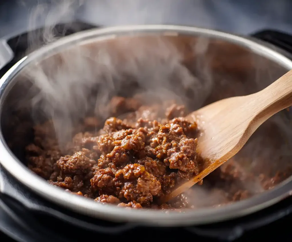 Ground beef browning in pressure cooker for chili recipe