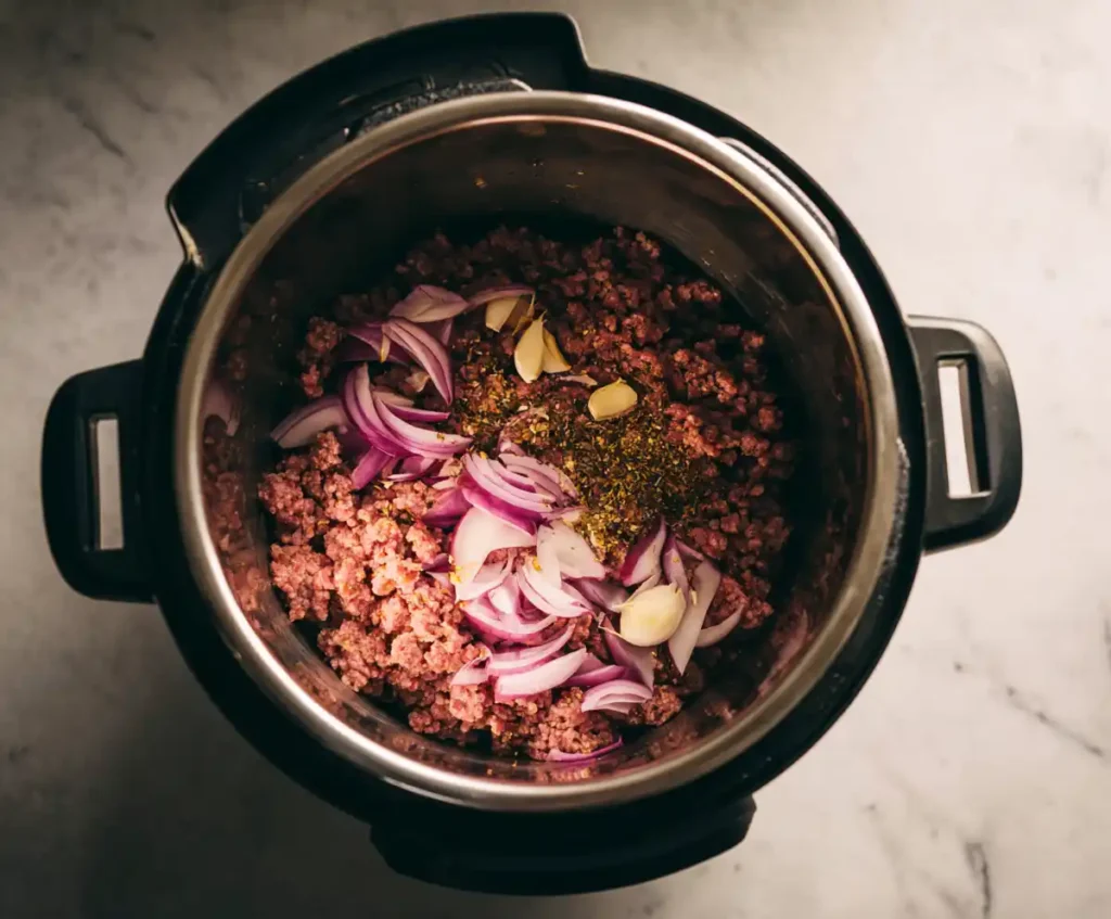 Ground beef with onions and garlic sautéing in Instant Pot for chili base