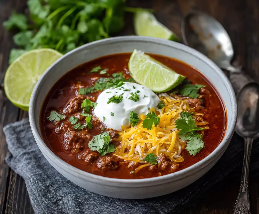 Instant Pot chili served with toppings in bowl