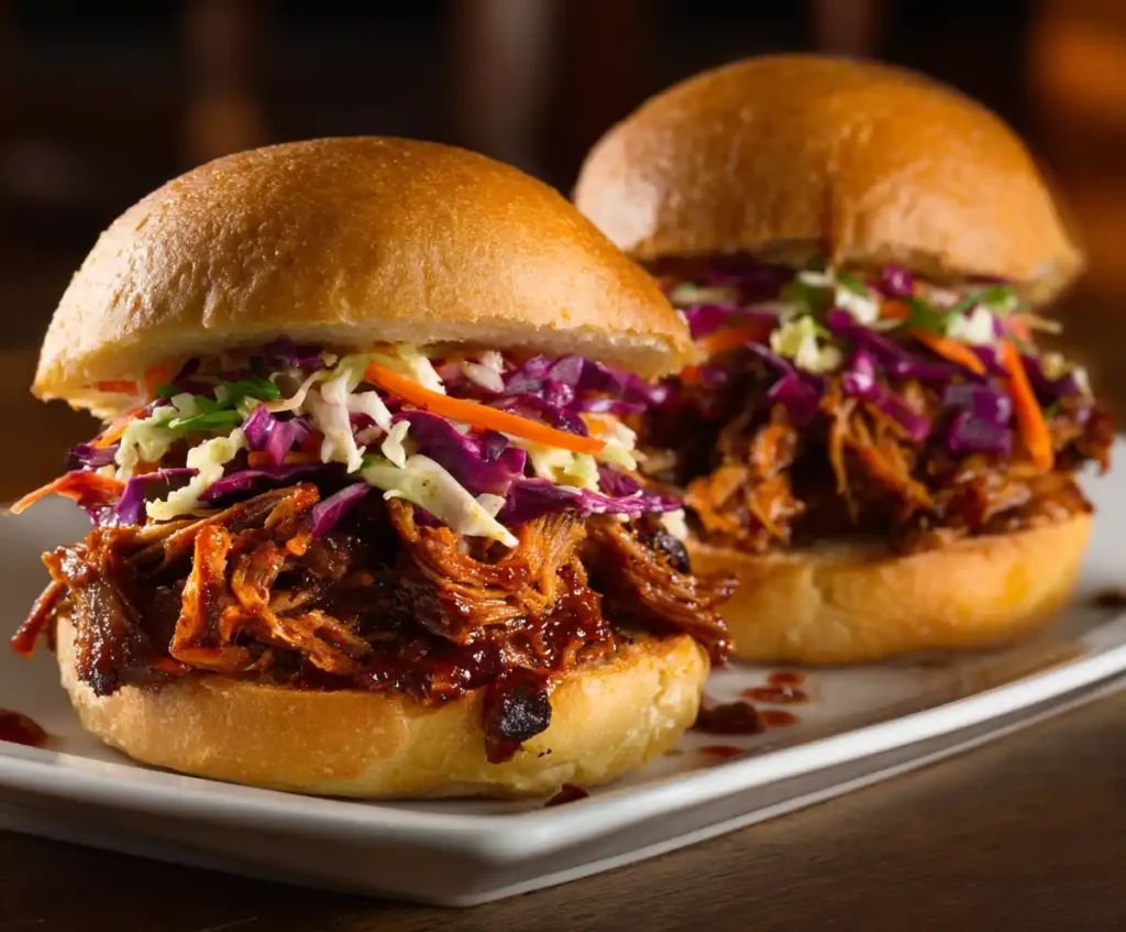 Instant Pot pulled pork sandwiches with coleslaw on buns