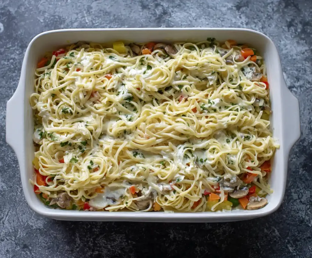 Layering ricotta and veggies over lasagna noodles in baking dish