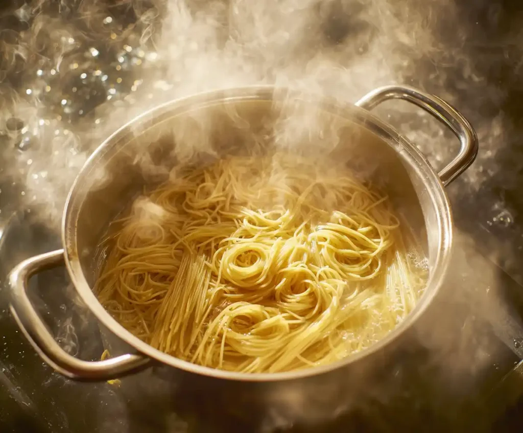 Linguine boiling in salted water for garlic butter shrimp pasta