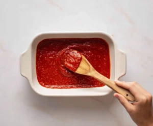 Marinara sauce spread on bottom of baking dish for vegetarian lasagna