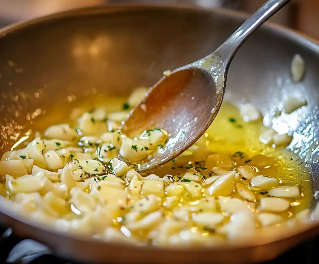 Minced garlic sautéing in butter for Alfredo sauce