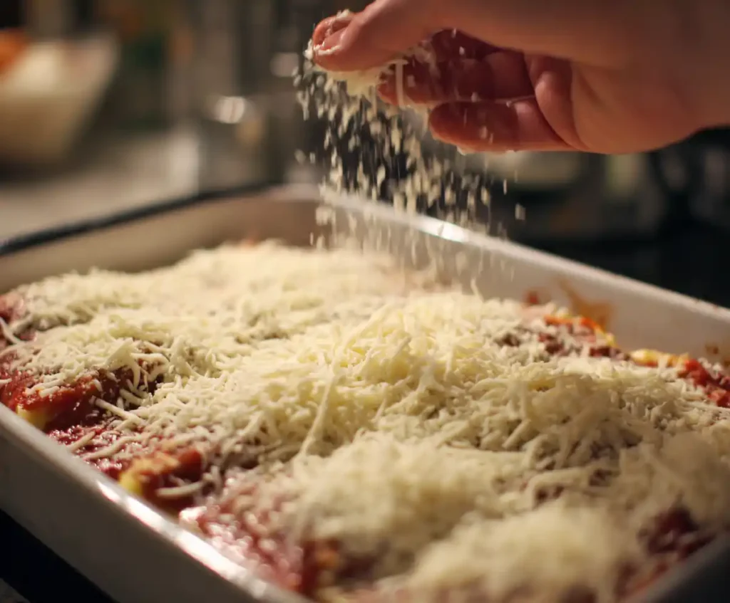 Mozzarella and Parmesan cheese topping vegetarian lasagna before baking