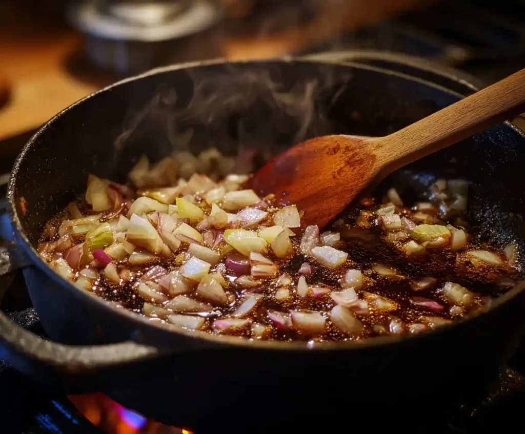 Onions and garlic cooking with vinegar in pressure cooker before pulled pork