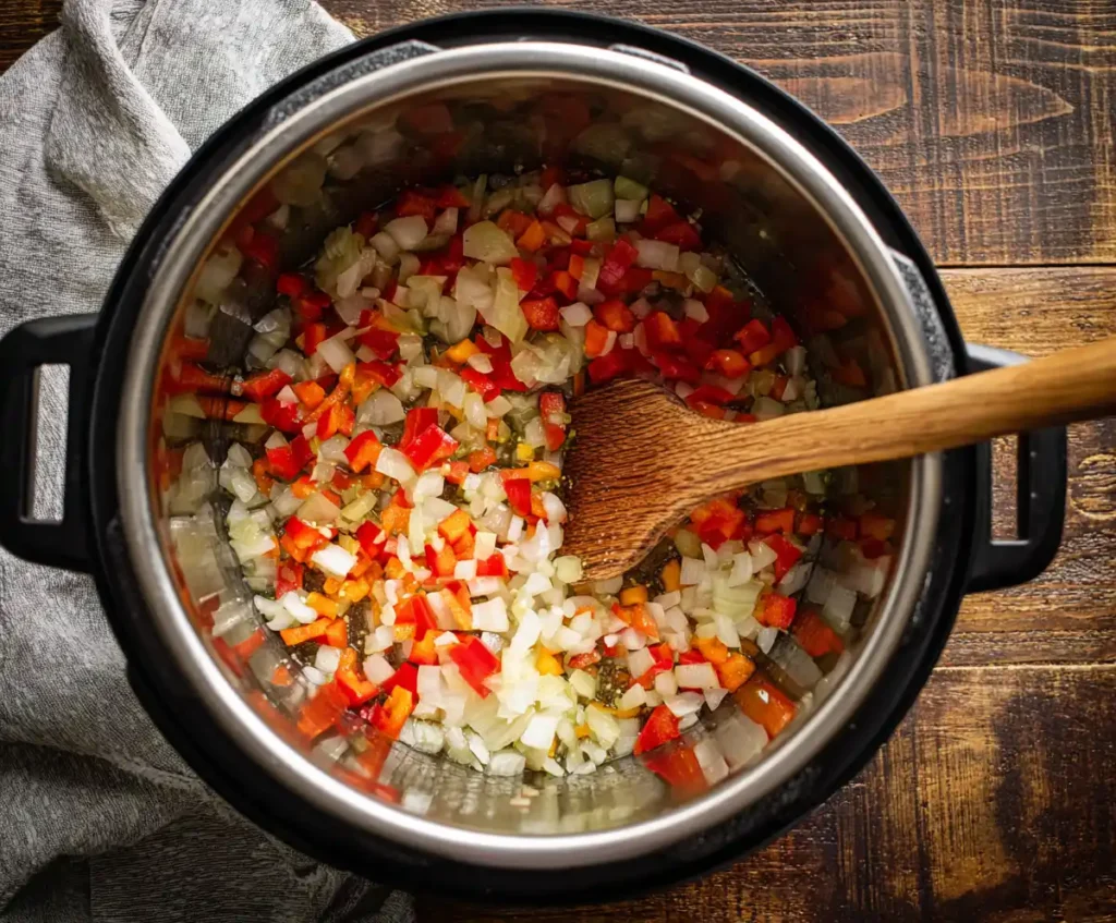 Onions, garlic, and peppers sautéing in pressure cooker for chili