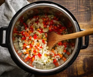 Onions, garlic, and peppers sautéing in pressure cooker for chili